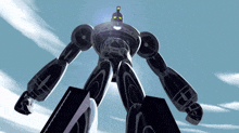 a black robot with yellow eyes is standing in the sky