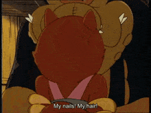 a cartoon character says " my nails my hair " to another character