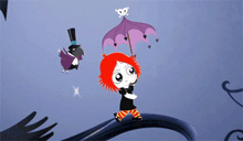 a cartoon drawing of a girl holding an umbrella and a bird with a top hat