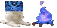 a white dog with a blue lightning bolt on its head next to a purple galaxy