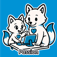 a cartoon of two foxes with hearts on their chests and the word passion underneath them