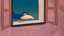 a cartoon crow is looking out of an open window .