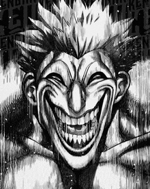 a black and white drawing of a man 's face with a huge smile and sharp teeth .
