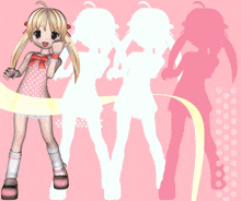 a girl in a pink polka dot dress is standing in front of a pink and white background