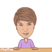 a cartoon of a boy making a sad face while peeking over a wooden table .