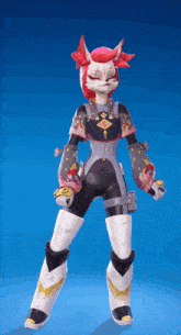 a cartoon character with red hair and white pants stands in front of a blue background