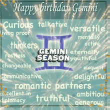 a happy birthday card for gemini season with a picture of the zodiac sign