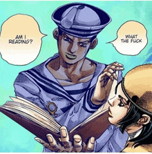 a cartoon of a man reading a book with the words " am i reading " on the bottom