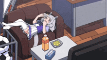 a cartoon of a girl laying on a couch with a bottle of orange juice