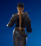 a woman with a braided hair wearing a hat with the letter e on it