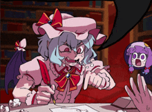 a cartoon drawing of a girl with a red bow on her hat