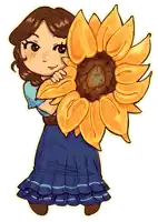 a girl in a blue dress is holding a sunflower