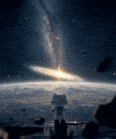 a cat in space looking at the earth and a galaxy