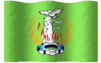 a green flag with a white dove on top of a gear