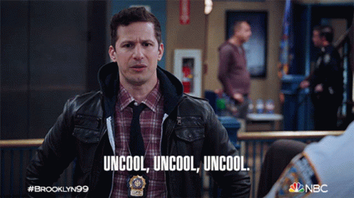 GIF from Broklin 99, of main character saying "uncool uncool uncool" with distress