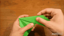 a person is holding a green origami triangle in their hands