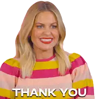 a woman in a striped sweater is smiling and says thank you