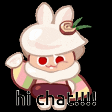 a cookie run character is wearing a white hat and holding a cookie and says hi chat !
