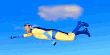 a man in a yellow and blue superhero costume is flying through a blue sky