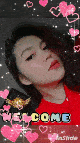 a woman is surrounded by pink hearts and the word welcome