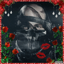 a picture of a man with a skull on his face is surrounded by red roses and kisses