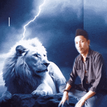 a man sitting next to a white lion with lightning behind it