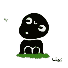 a black and white cartoon character is sitting in the grass and looking up at something .