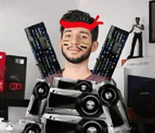 a man with a beard and a red headband is holding a robot