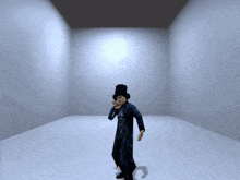 a man in a top hat stands in a white room