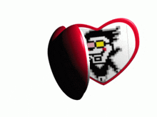 a heart shaped mirror has a pixelated image of a man on it