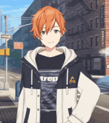 a boy with orange hair is wearing a hoodie that says trep