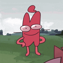 a cartoon character with a sad look on his face is standing in a field