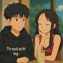 a boy wearing a hoodie that says no need to be my sits next to a girl with her eyes closed