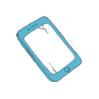 a blue cell phone with a cracked screen and the word broken on the screen