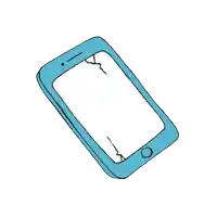a blue cell phone with a cracked screen and the word broken on the screen