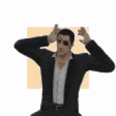 a pixel art of a man in a suit dancing with his arms in the air