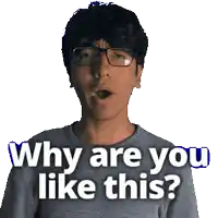 a man wearing glasses and a gray shirt says why are you like this