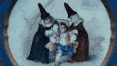 a painting of a boy in a chair surrounded by two women