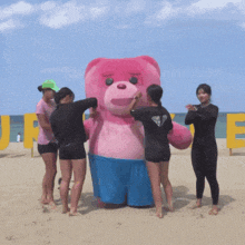 a group of girls are standing around a large pink teddy bear on the beach