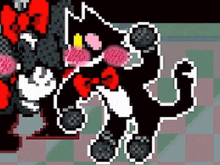 a pixel art of a black and white cat wearing a red bow tie .