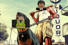 a cartoon of a man holding a bat and a dog on a leash in front of a liquor store