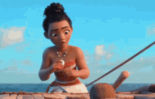 a cartoon girl is laying on a raft in the ocean with a coconut in her hand