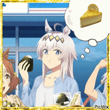a picture of an anime girl eating a sandwich and a slice of cheesecake