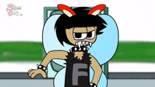 a cartoon character with bunny ears and a black shirt with the letter f on it