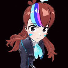 a cartoon character with a blue and pink stripe on her head