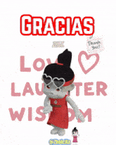 a cartoon character says gracias and holds a thank you note