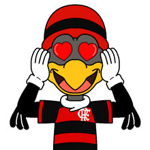 a cartoon bird with hearts in its eyes wearing a black and red shirt