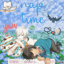 a picture of two anime characters with the words nap time written in blue