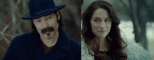 a man with a mustache and a woman with long red hair