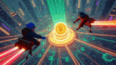 two cartoon characters flying around a bitcoin